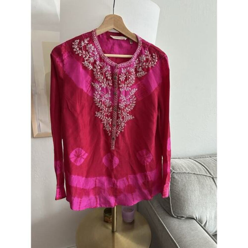 SOFT SURROUNDINGS Silk Tunic Blouse Pink Red Tie Dye M Boho Sequins Embrodery